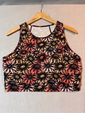 POP Fit Floral Crop Tank Top - Black with Coral & Yellow Floral Print 2XL